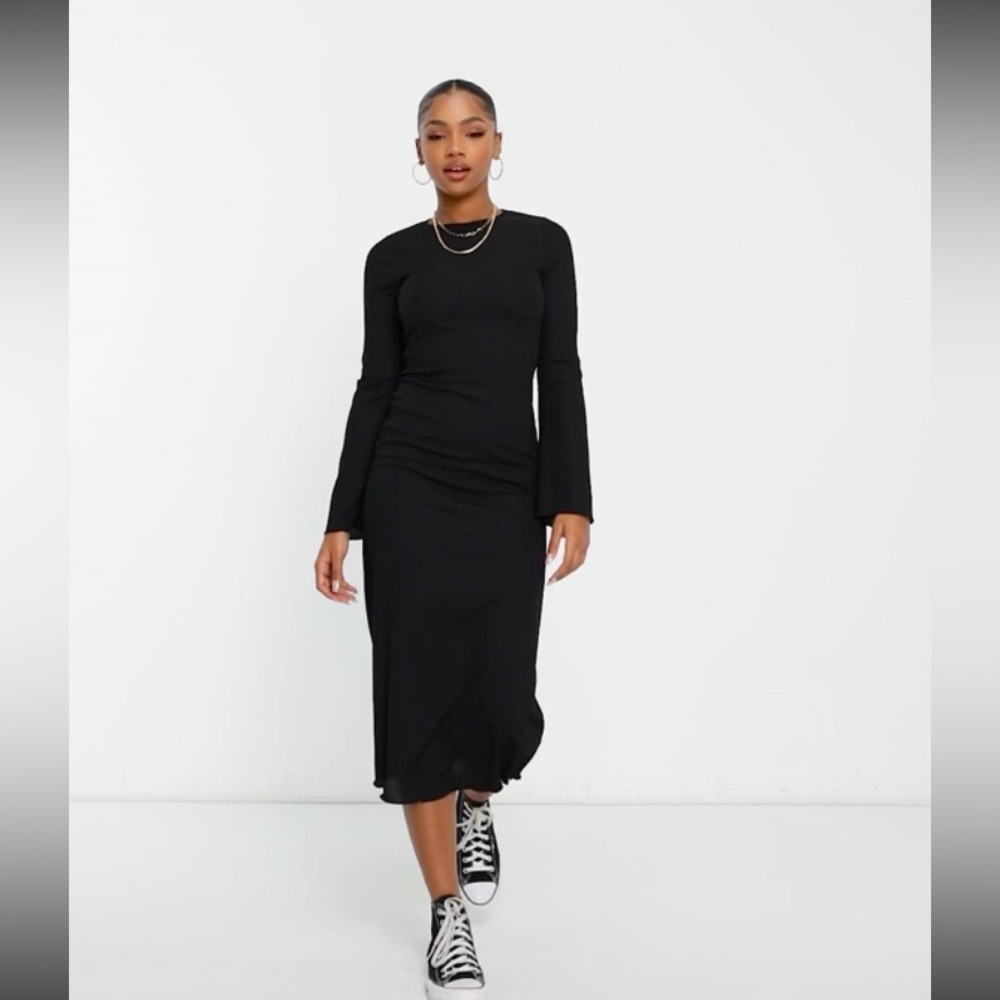 asos black ribbed dress flare sleeve size 6 NWT